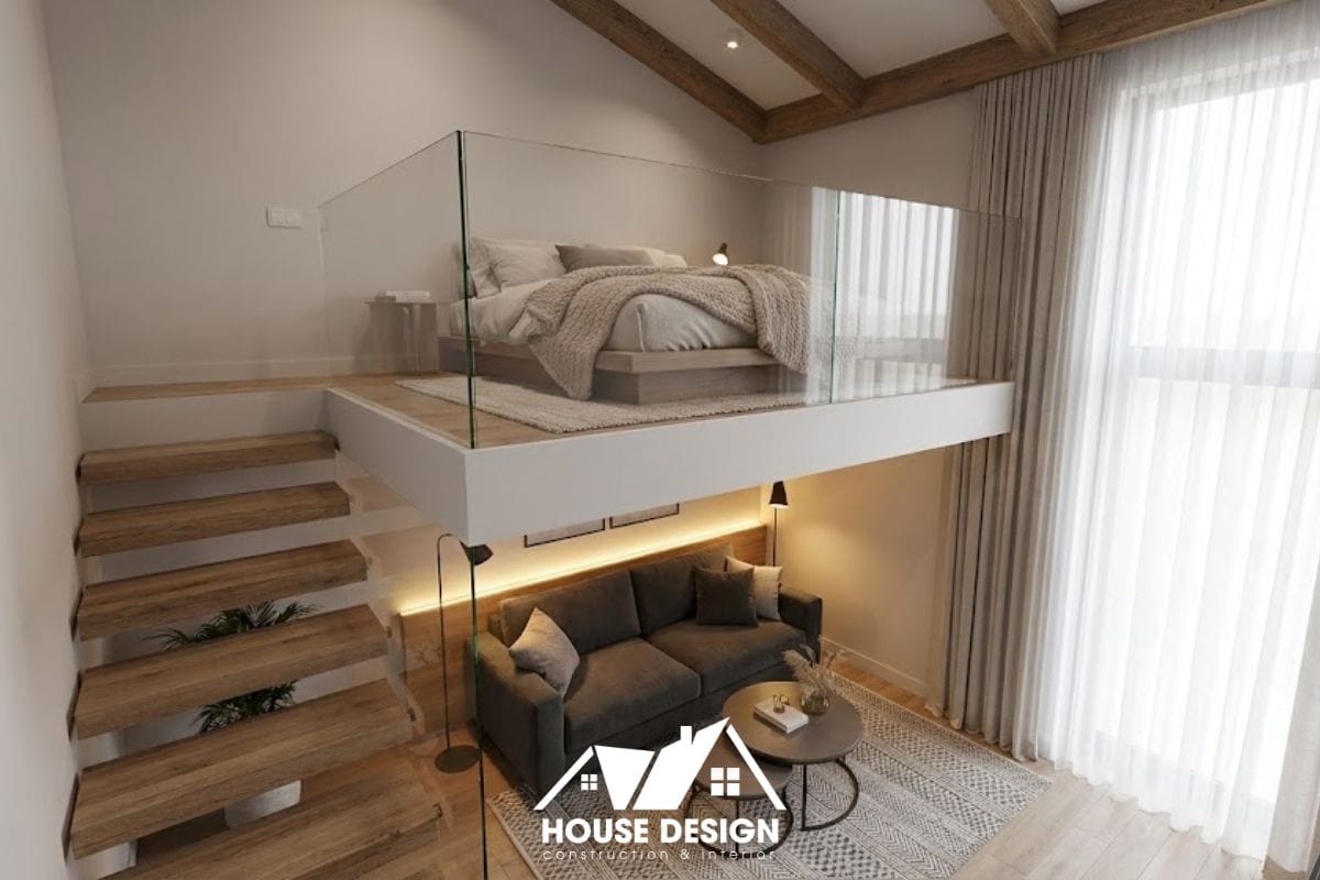 thiết kế gác lửng làm phòng ngủ thứ hai tiện nghi cho căn hộ 30m2 trần cao