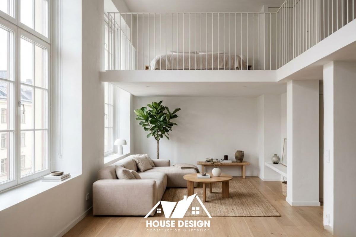 thiết kế căn hộ gác lửng phong cách Japandi với trần cao và nội thất gỗ sáng màu