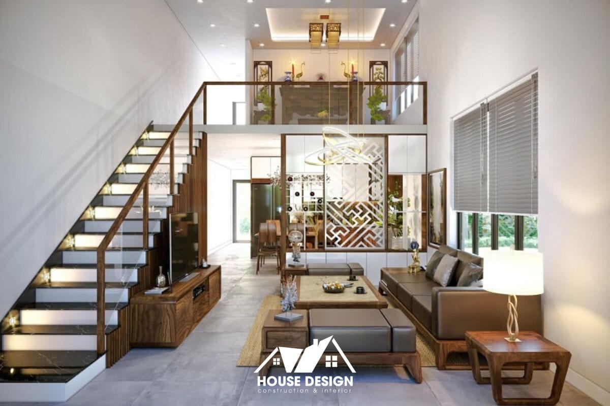 Cầu thang sắt gác lửng đẹp và tiện nghi trong phòng khách hiện đại