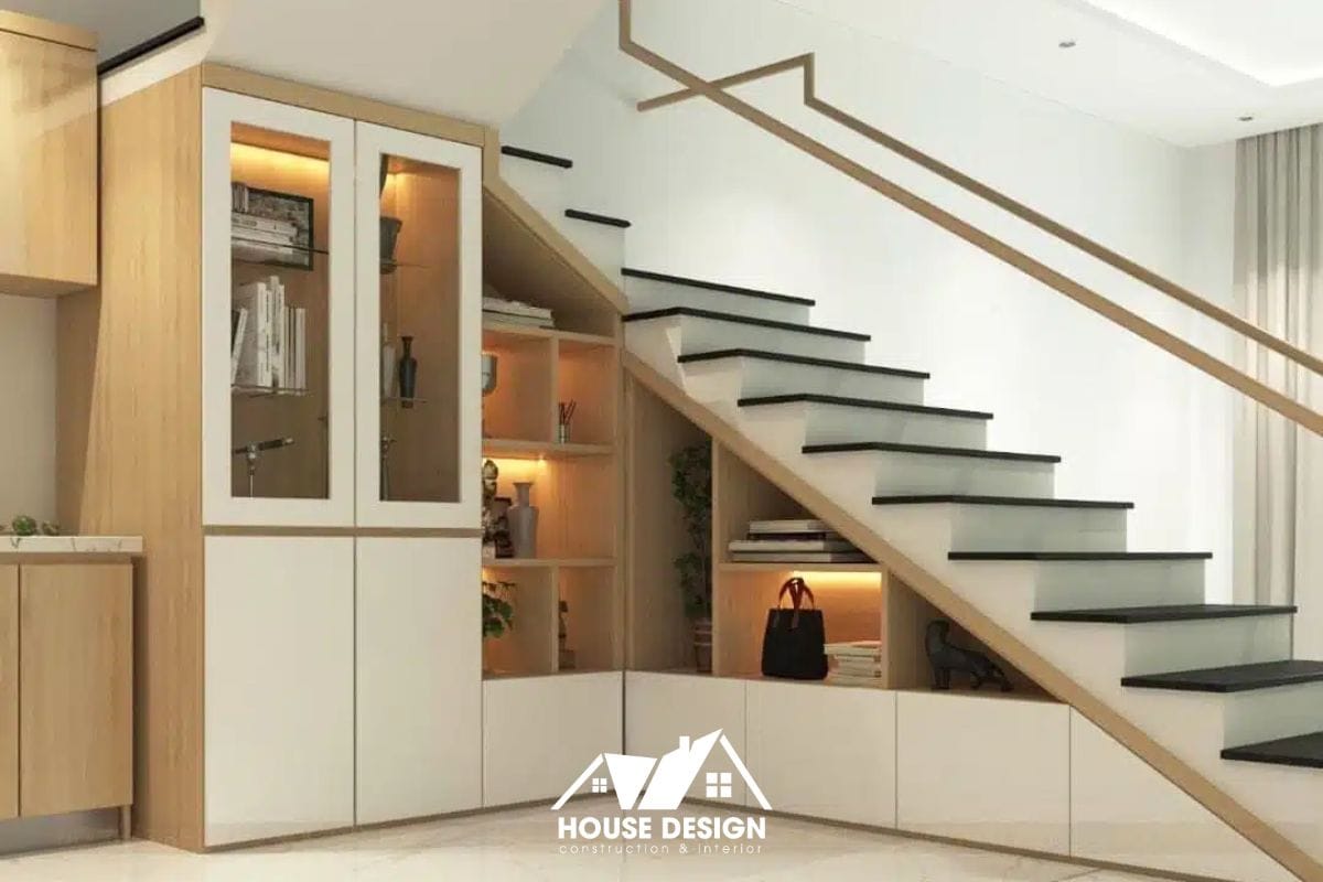 Tận dụng gầm cầu thang sắt gác lửng để làm tủ và kệ trang trí