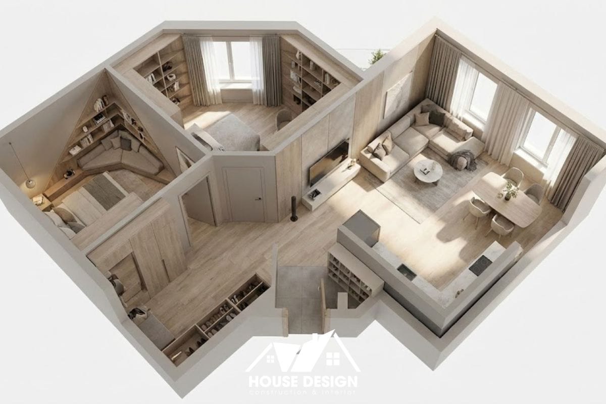 Bản vẽ 3D xử lý mặt bằng căn hộ góc xéo thông minh và tối ưu diện tích.
