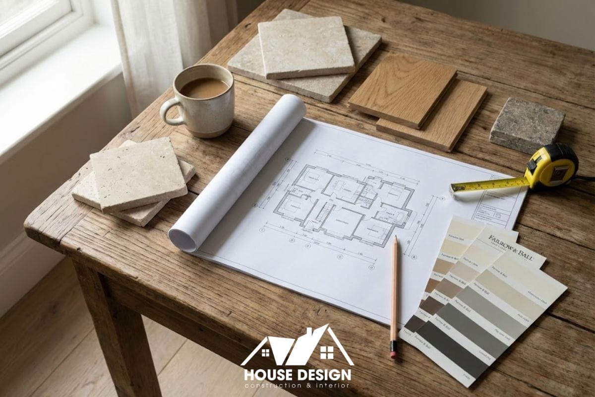 bảng mẫu vật liệu nội thất gồm gỗ, đá và bản vẽ thiết kế trên bàn làm việc