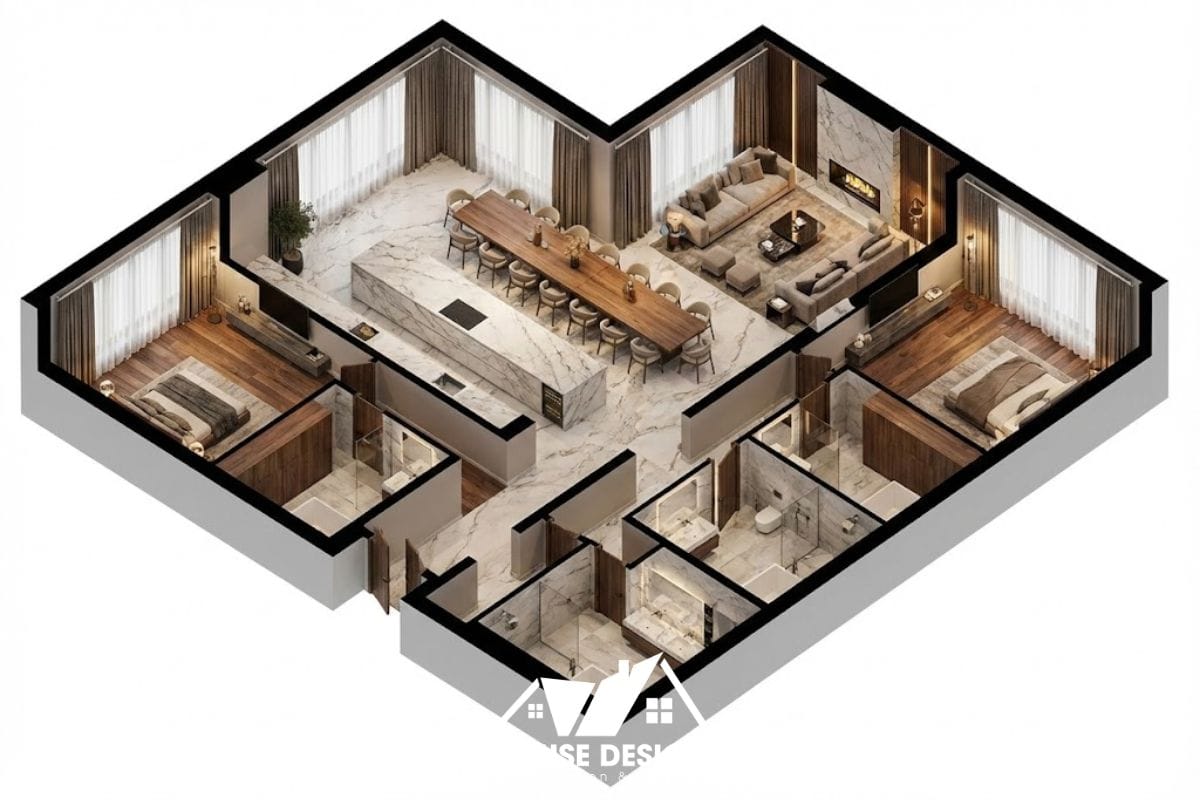 layout 3d căn hộ với cụm đảo bếp và bàn ăn lớn đặt tại trung tâm