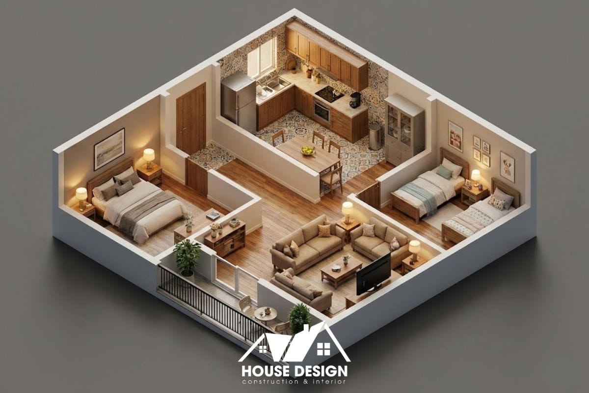 sơ đồ 3d căn hộ 90m2 hình vuông bố trí 3 phòng ngủ cho gia đình nhiều thế hệ