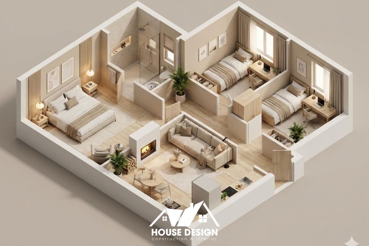 Thiết kế 3D căn hộ 60m2 phong cách Scandinavian cho gia đình 3 thế hệ với phòng Master lớn.