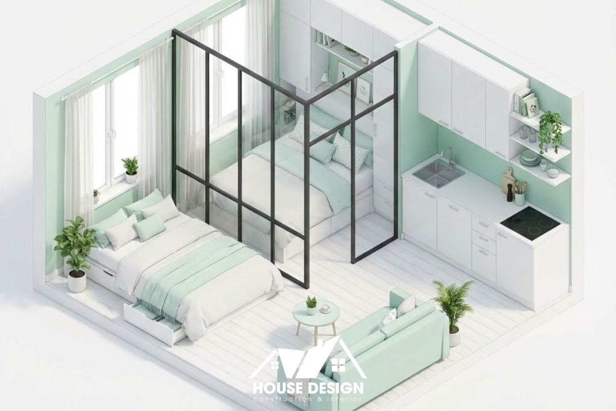 “bản vẽ nội thất 3d căn hộ nhỏ 32m2 phong cách bắc âu màu pastel”