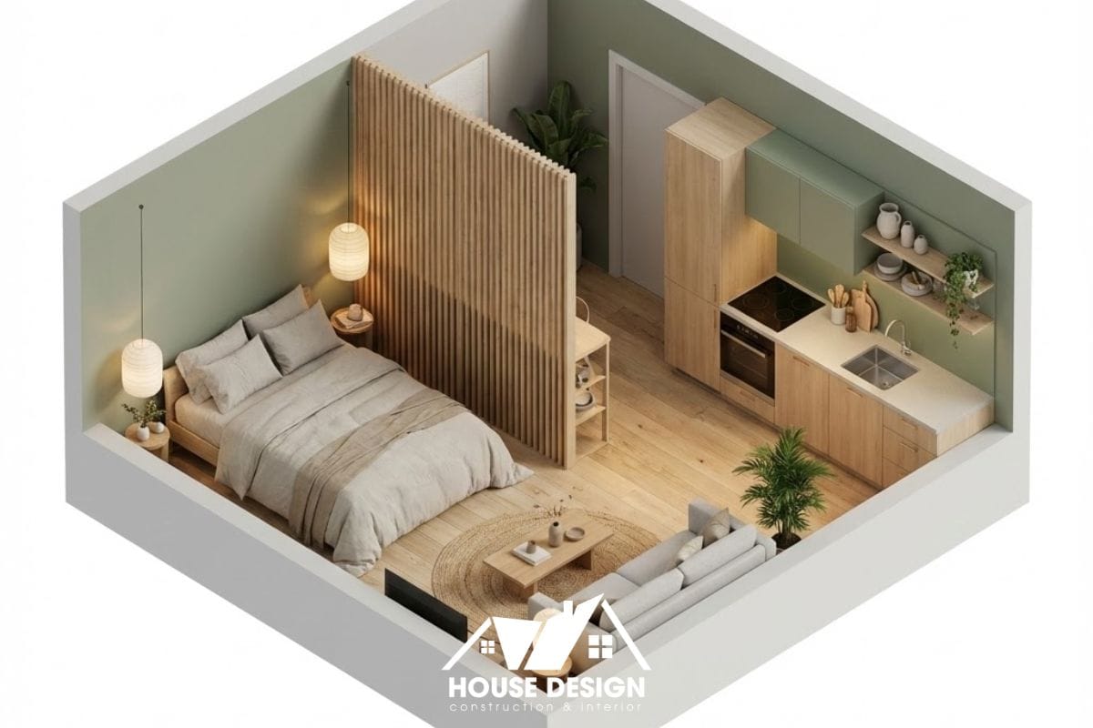 bản vẽ 3d căn hộ 35m2 phong cách japandi có vách ngăn lam gỗ