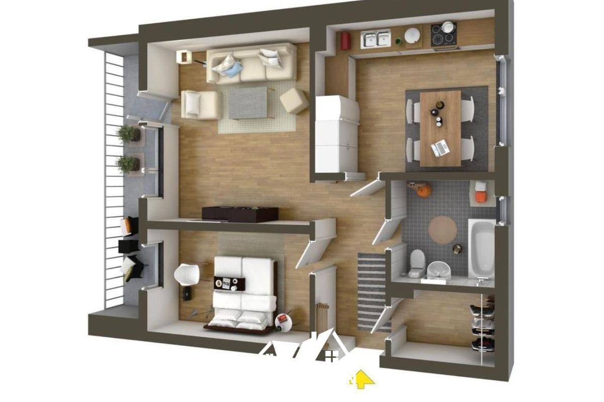 sơ đồ 3d căn hộ 40m2 tối giản sử dụng hệ tủ làm vách ngăn thông minh