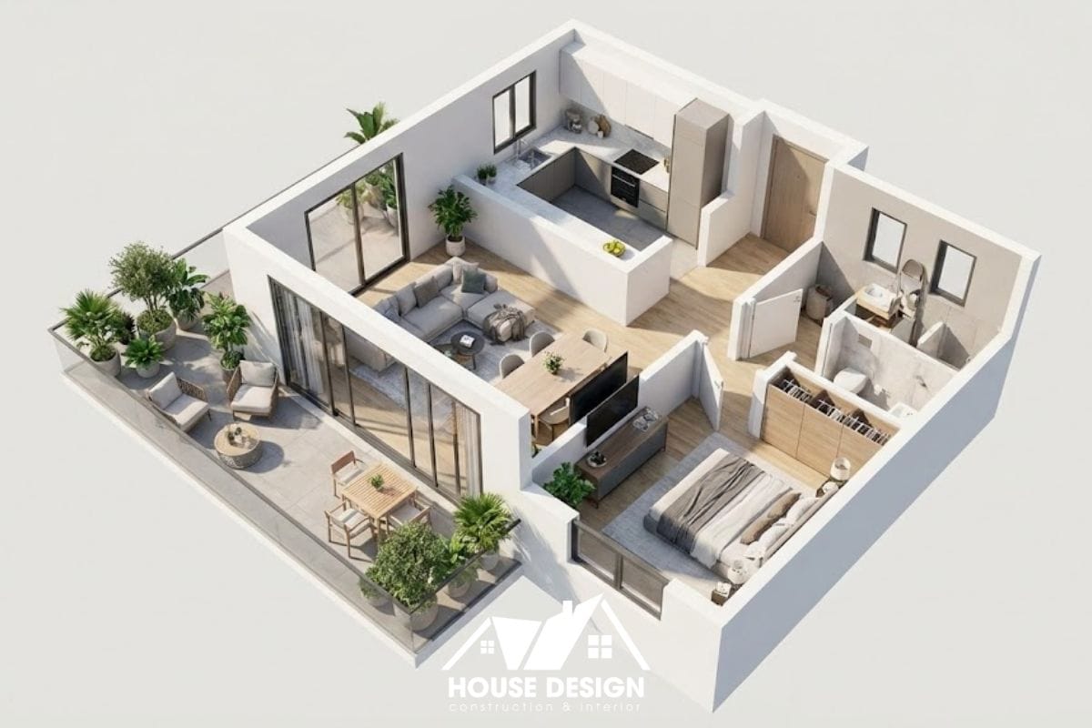 thiết kế 3d căn hộ 90m2 với phòng khách mở liền mạch ra ban công lớn