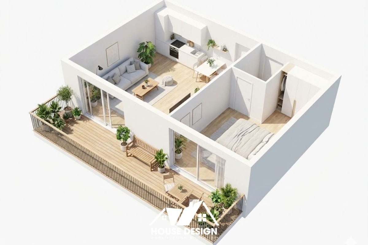 thiết kế 3d căn hộ 55m2 có ban công dài chạy dọc phòng khách và ngủ