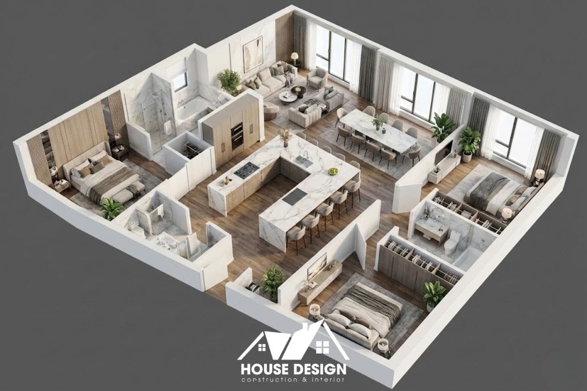 Bản vẽ 3D mặt bằng căn hộ 80m2 nổi bật với khu bếp có bàn đảo lớn.