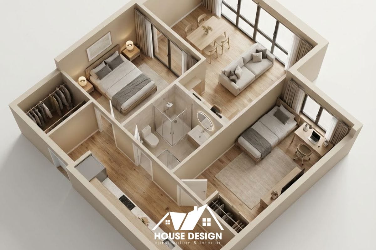 Sơ đồ 3D căn hộ 60m2 vuông vắn, 2 phòng ngủ đặt tại hai góc đối diện.