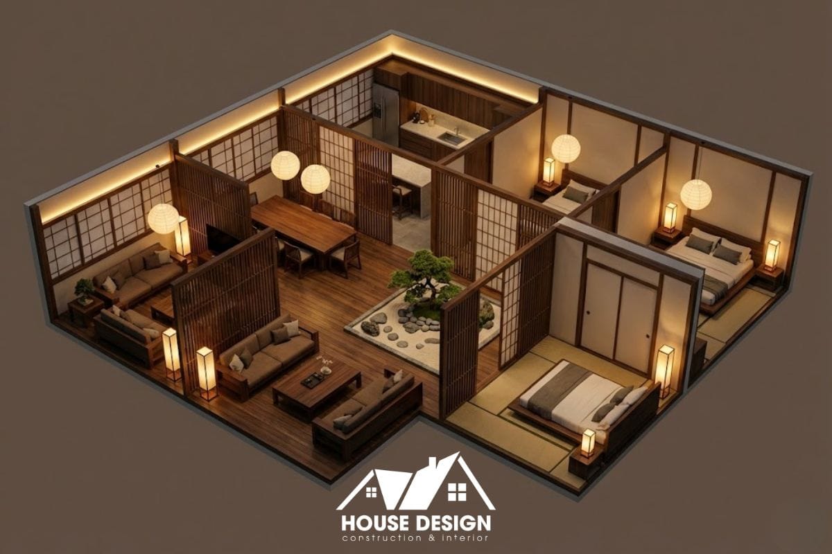Sơ đồ 3D căn hộ 80m2 phong cách Á Đông đương đại với vách ngăn gỗ.