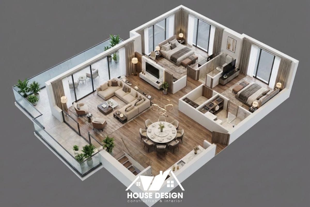 Mô hình 3D căn hộ 80m2 với phòng khách đặt sát ban công rộng.