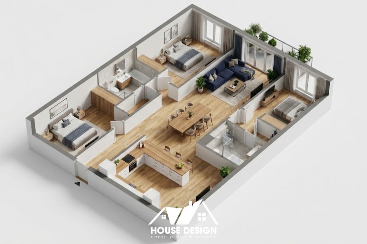 sơ đồ 3d căn hộ 90m2 với trục hành lang và không gian sinh hoạt chạy dọc