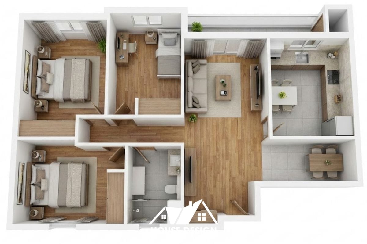 bản vẽ 3D mặt bằng căn hộ 60m2 bố trí 3 phòng ngủ khoa học