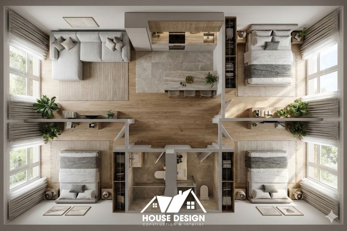 bản vẽ 3D mặt bằng căn hộ 70m2 2 phòng ngủ bếp khách liên thông