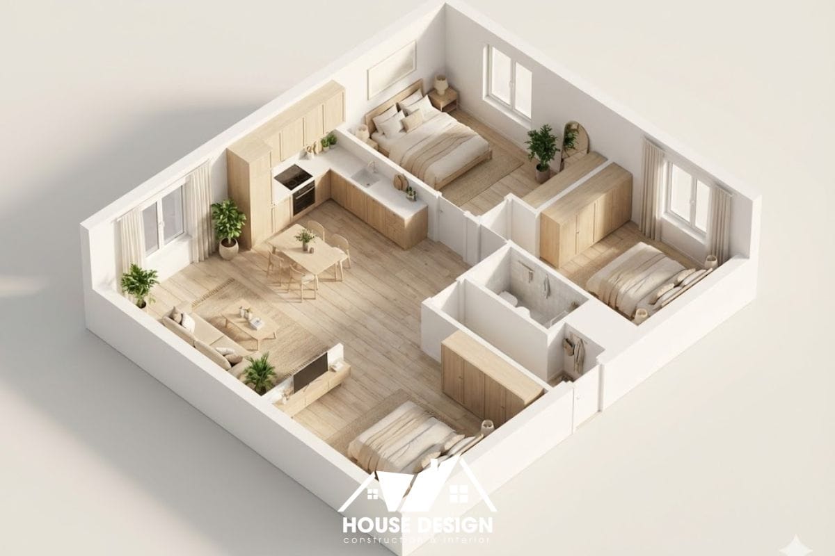 phối cảnh mặt bằng 3D căn hộ 3 phòng ngủ phong cách Bắc Âu