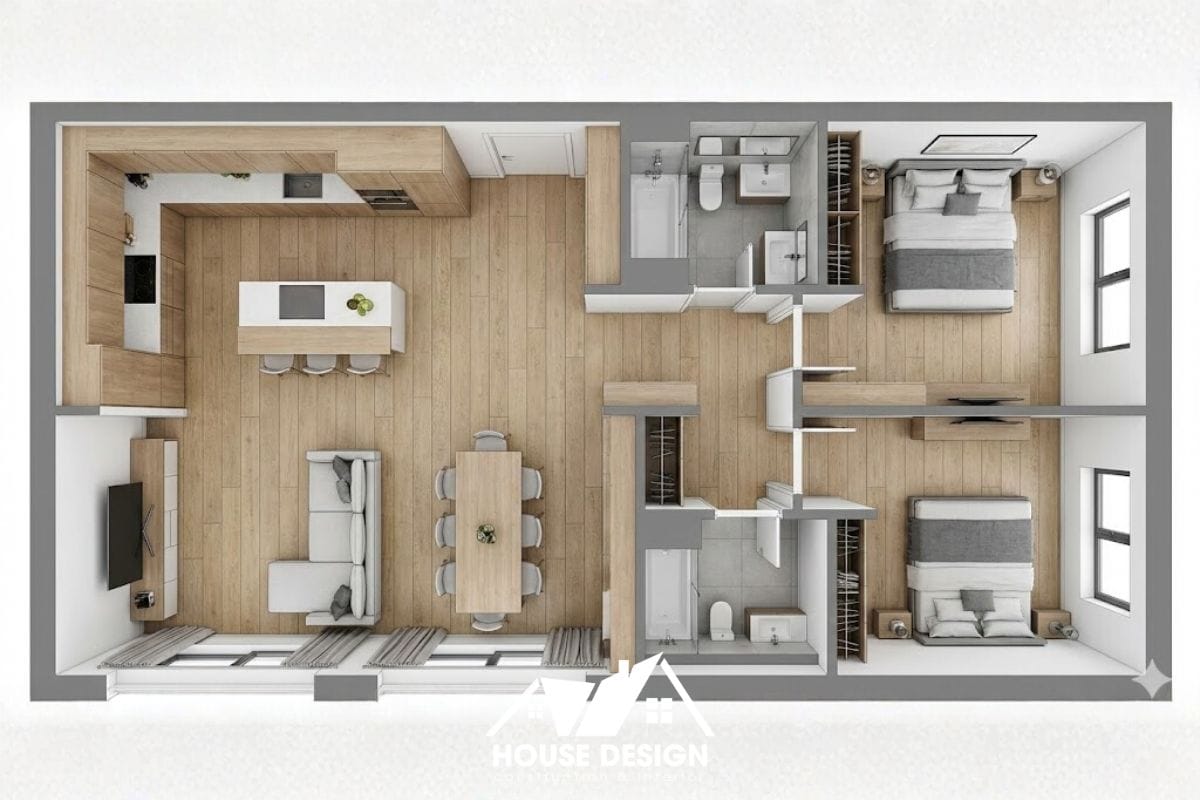 mặt bằng 3D căn hộ hình chữ nhật với phòng khách bếp chạy dọc