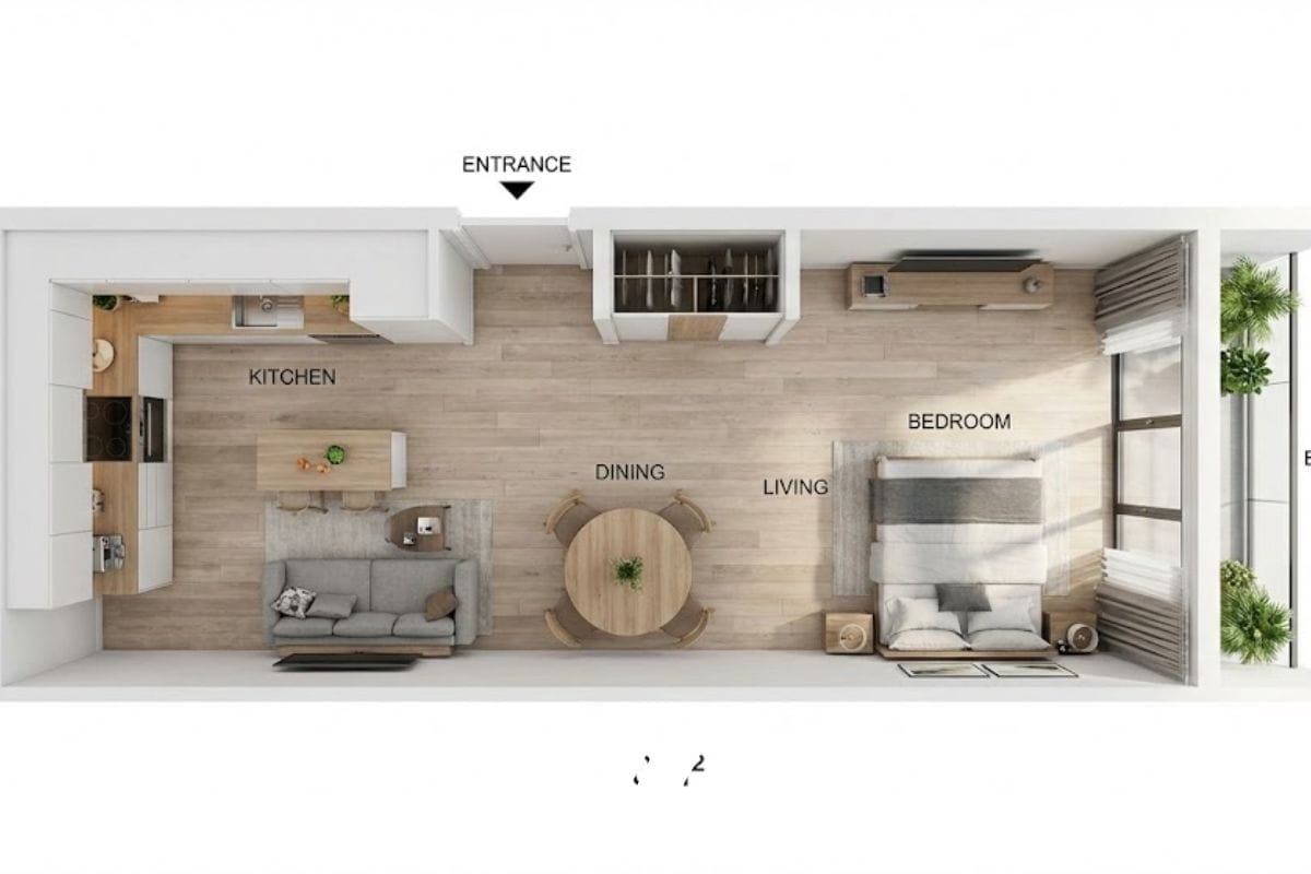 thiết kế mặt bằng căn hộ studio 30m2 dạng ống không vách ngăn