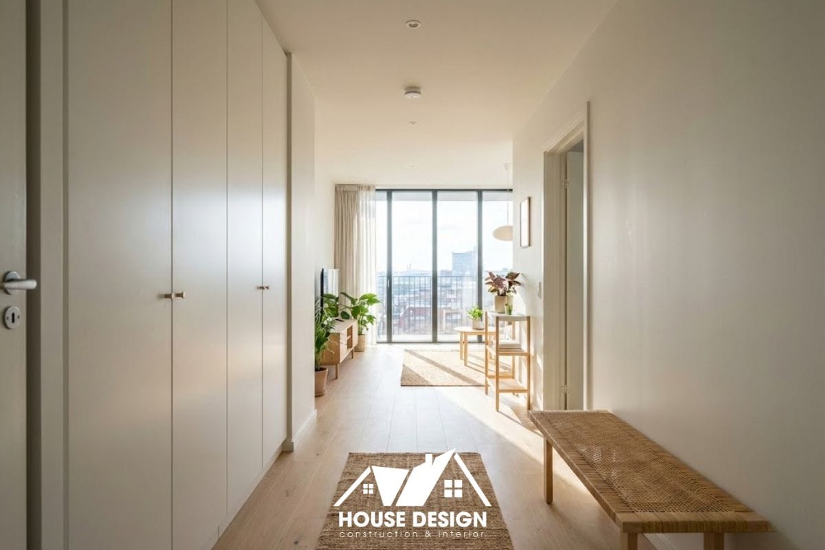 mẫu thiết kế căn hộ 50m2 dạng ống phong cách Scandinavian với tủ âm tường