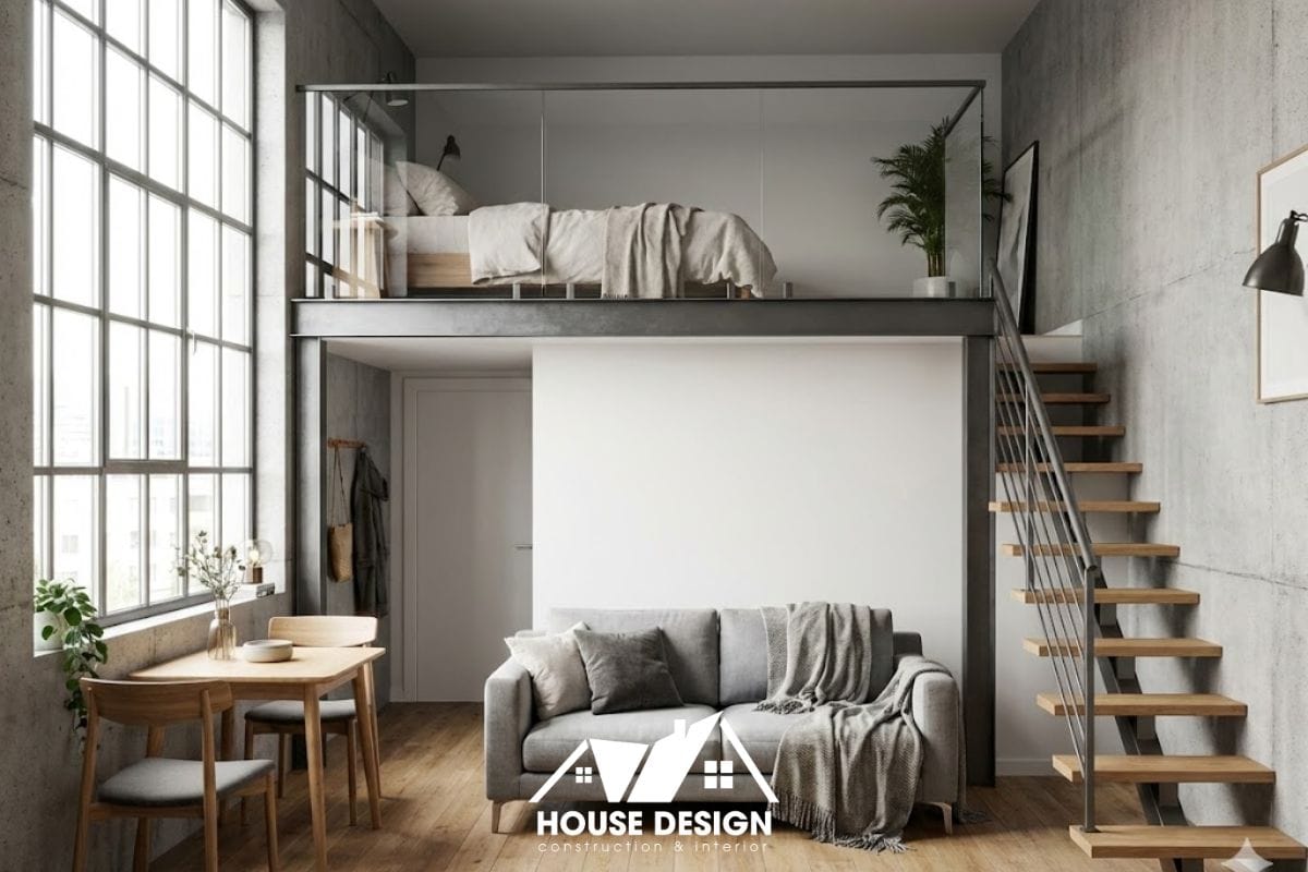 góc nhìn từ phòng khách lên phòng ngủ gác lửng trong căn hộ 30m2