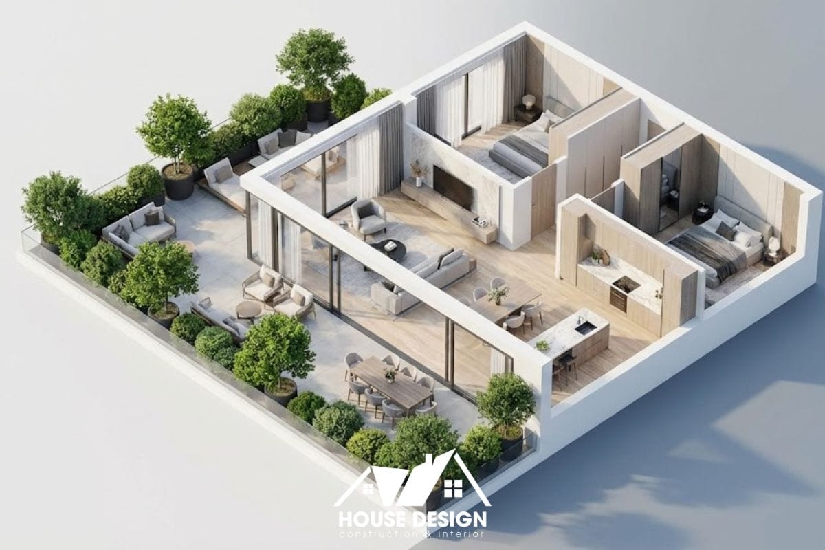mô hình 3d căn hộ góc 90m2 sở hữu sân vườn terrace chữ L rộng lớn