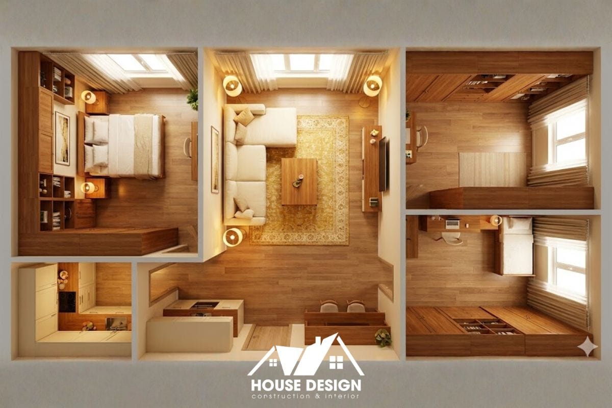 bản vẽ 3D nội thất căn hộ tông màu vàng ấm nhiều hệ tủ lưu trữ