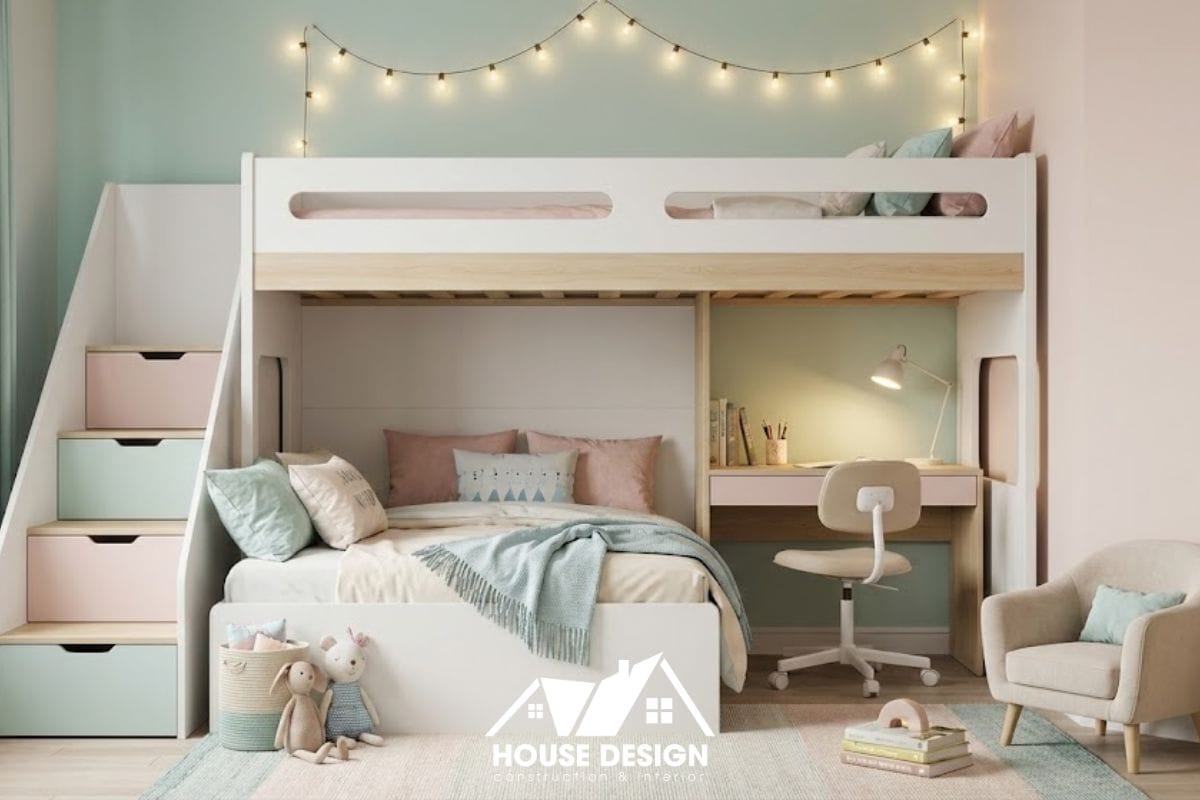 thiết kế giường tầng kết hợp hệ tủ cho phòng ngủ nhỏ của bé