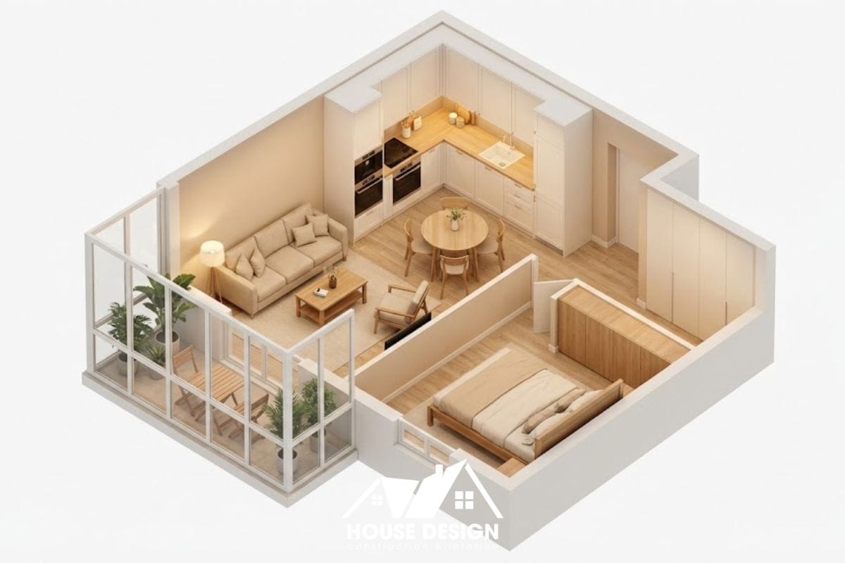 thiết kế 3d căn hộ 40m2 hiện đại ấm áp với điểm nhấn màu cam và xanh