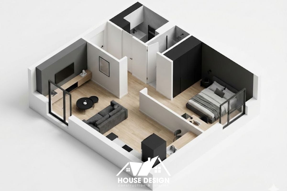 sơ đồ bố trí nội thất 3d căn hộ 45m2 tông đen xám hiện đại