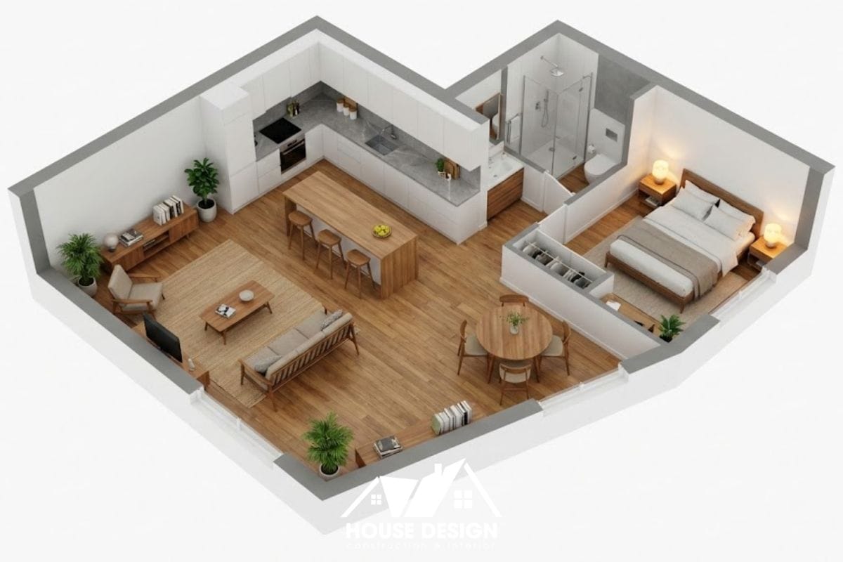 bố trí mặt bằng 3d căn hộ 50m2 với bếp chữ L và sàn gỗ liền mạch