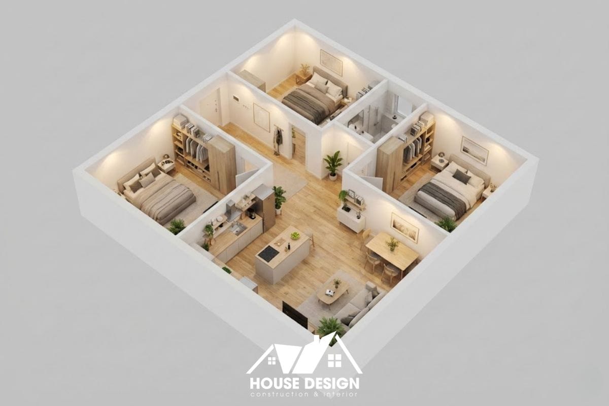 Bản vẽ 3D bố trí căn hộ 60m2 3 phòng ngủ với hành lang trung tâm và bếp đảo nhỏ.