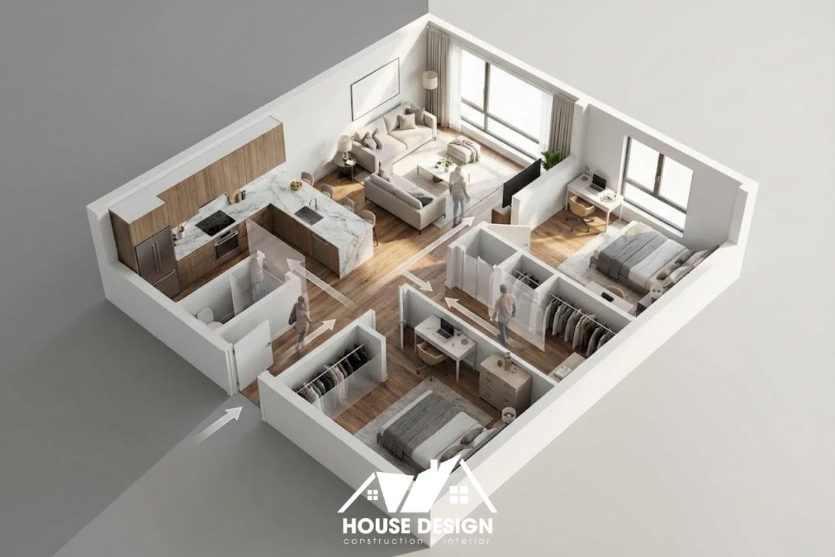 Sơ đồ 3D căn hộ 80m2 bố trí theo trục giao thông trung tâm kết nối các phòng.