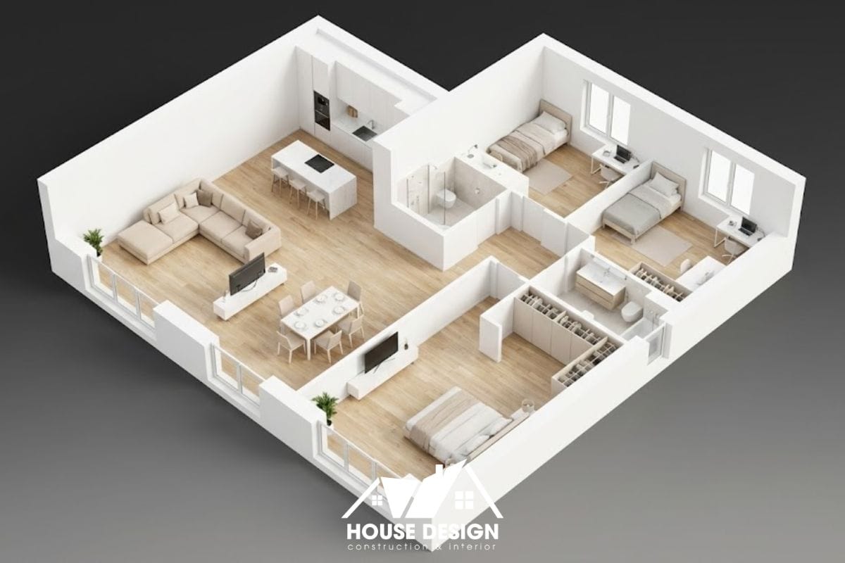 sơ đồ 3d mặt bằng căn hộ 90m2 rộng rãi, 3 phòng ngủ, tông màu trắng be tối giản