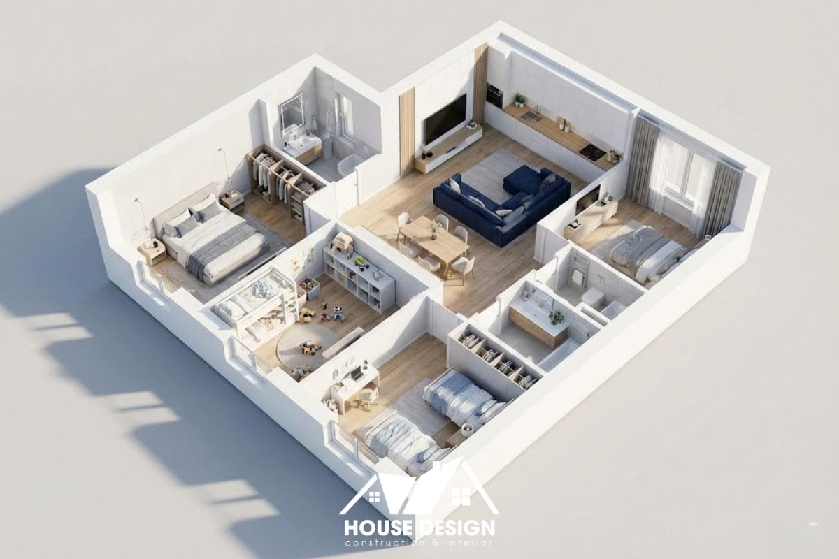 bản vẽ 3d isometric căn hộ 90m2 3 phòng ngủ với điểm nhấn sofa xanh navy tại phòng khách