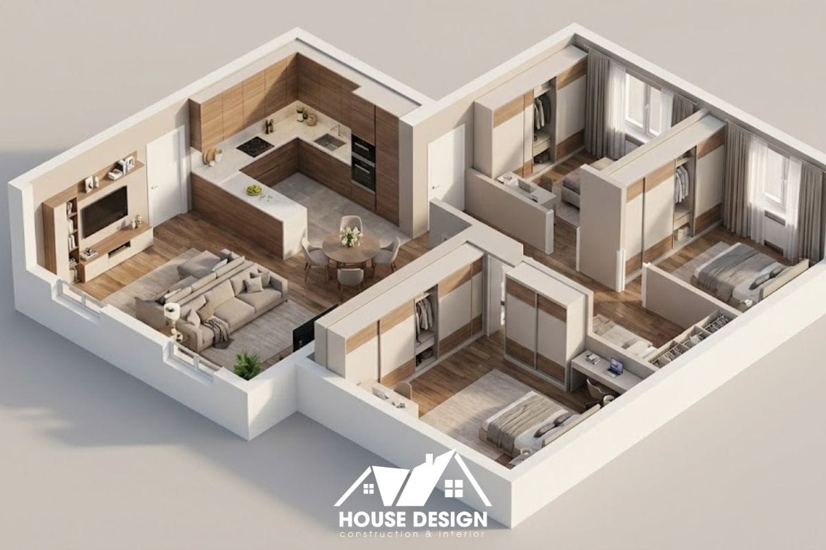 Sơ đồ 3D mặt bằng căn hộ 80m2 sử dụng hệ tủ bếp chữ U tiện dụng.