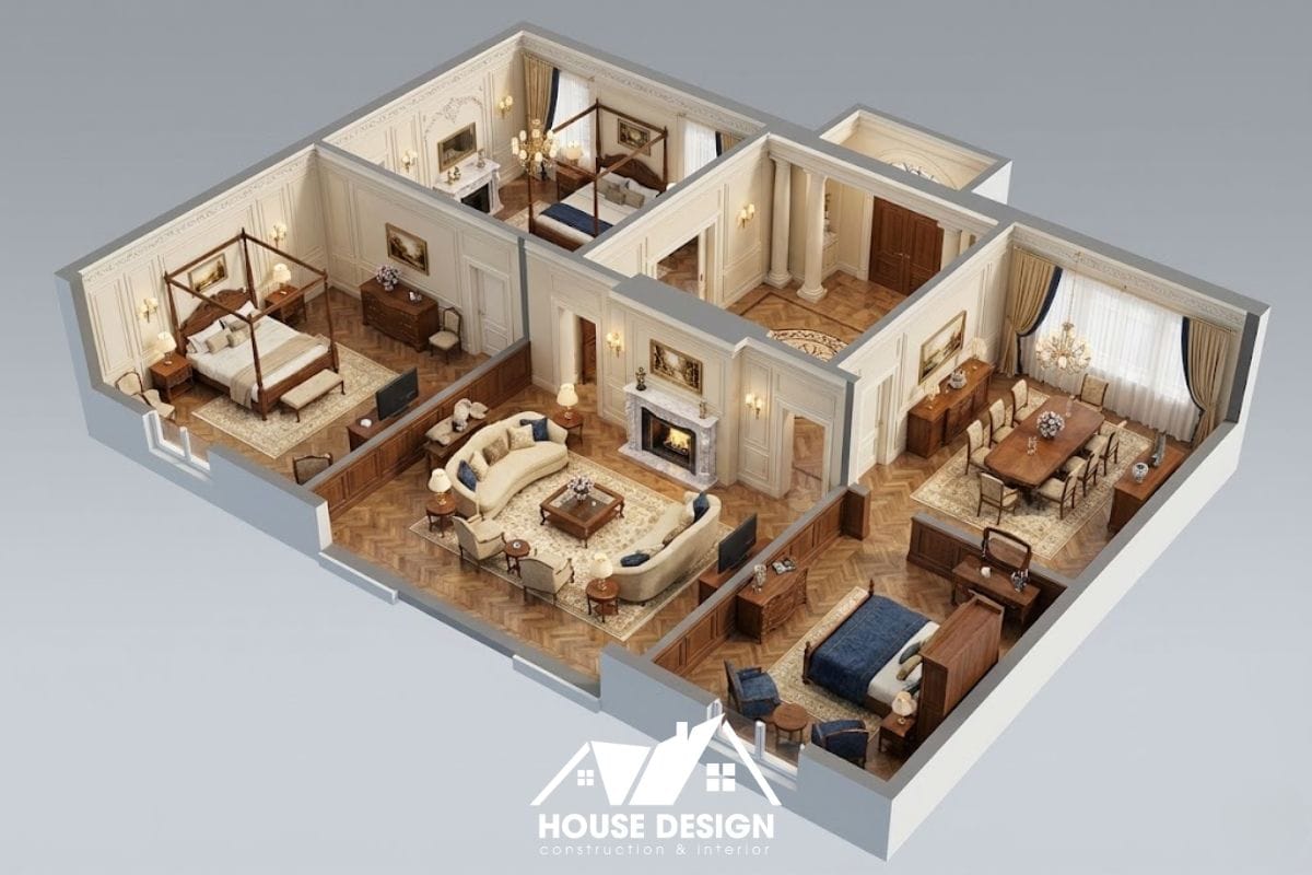 Bản vẽ 3D mặt bằng nội thất căn hộ phong cách Tân cổ điển nhẹ nhàng.