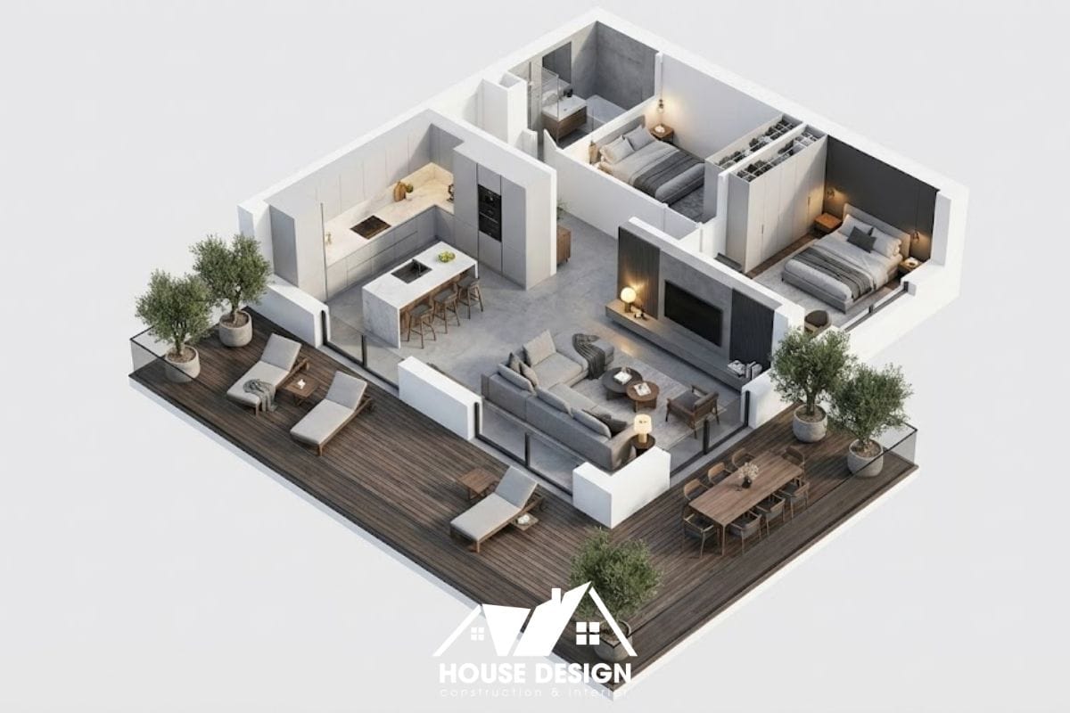 Mô hình 3D căn hộ góc 60m2 có sân hiên lớn cải tạo thành không gian xanh.