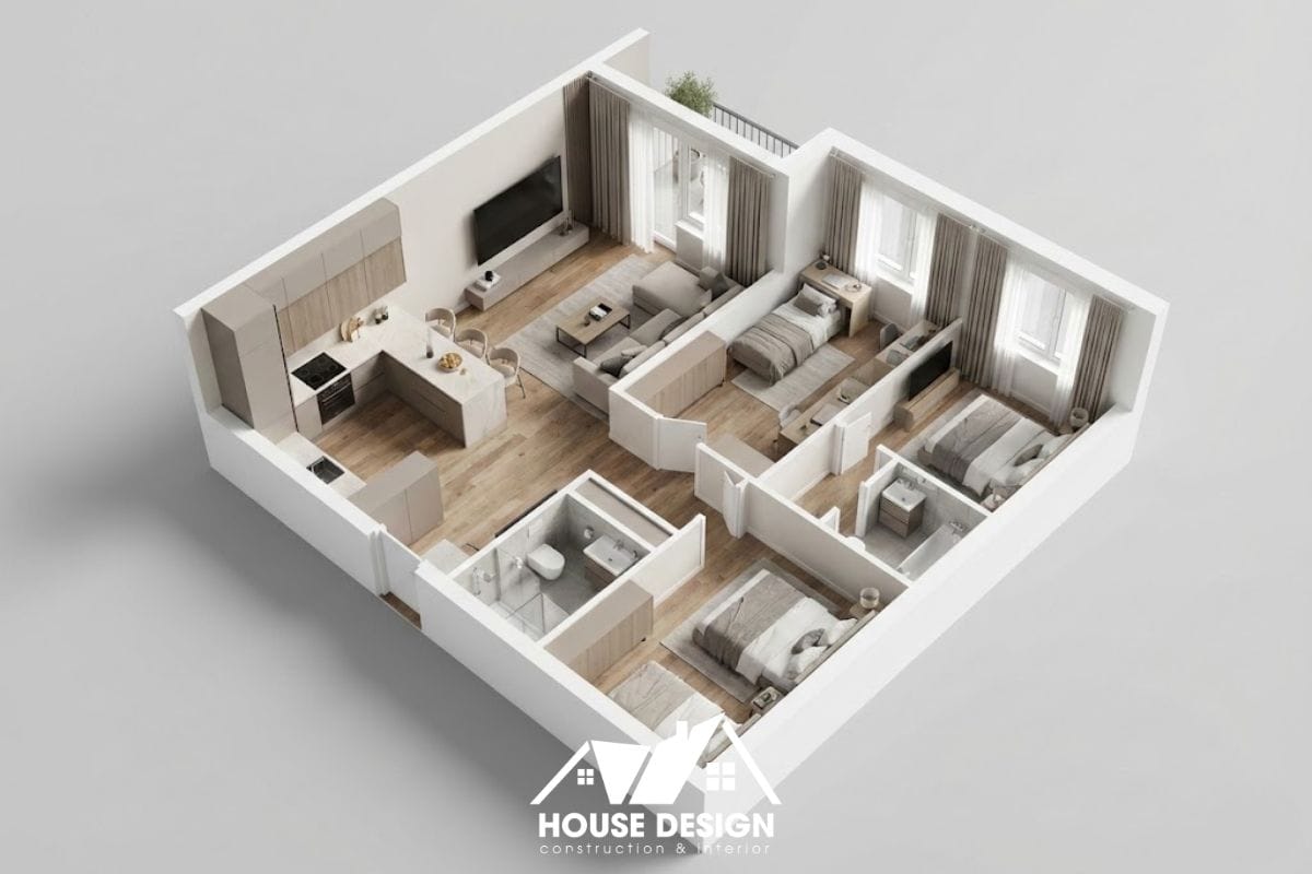 bản vẽ 3d căn hộ 60m2 bếp chữ l và 3 phòng ngủ nằm cùng một trục