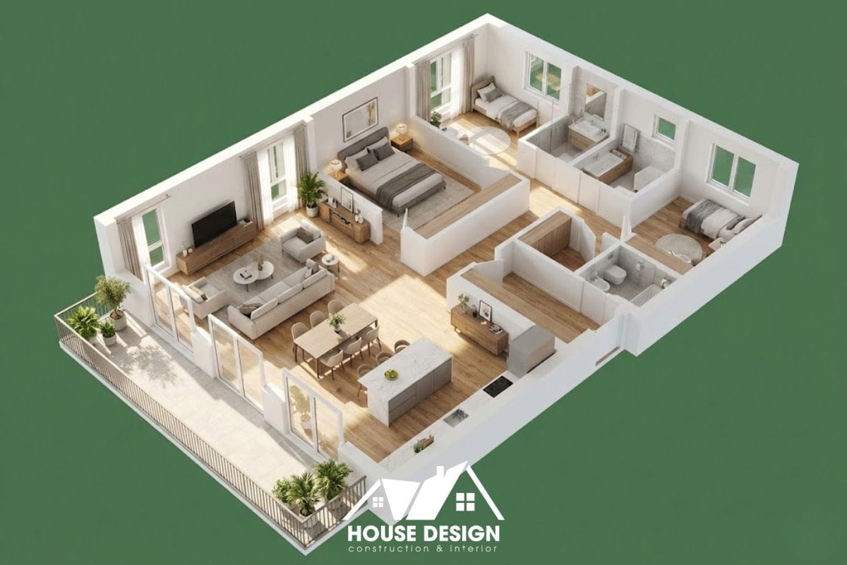 thiết kế 3d căn hộ 3 phòng ngủ chia đôi hai bên hành lang