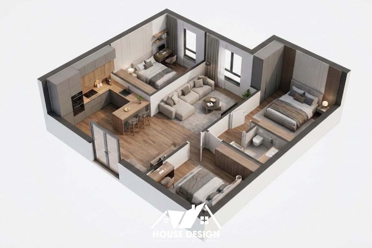 sơ đồ bố trí căn hộ 60m2 có đảo bếp và phòng khách ở giữa”