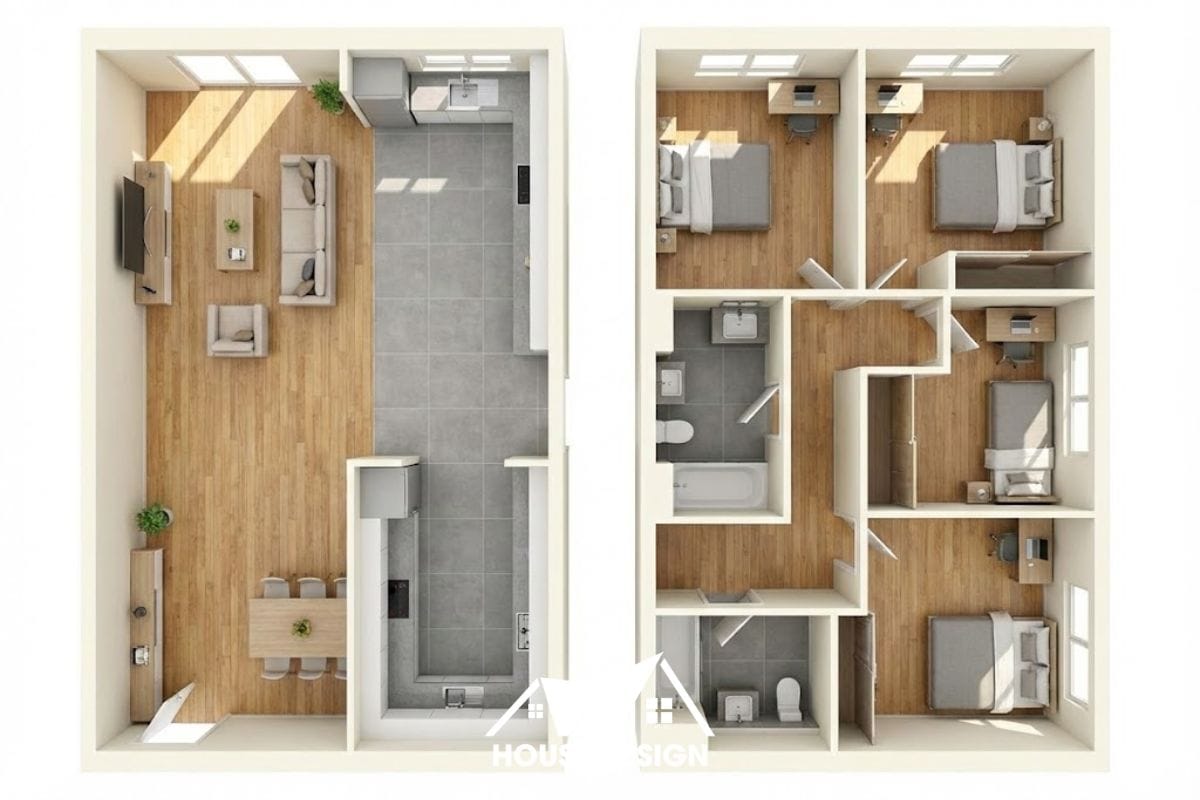 bản vẽ 3d căn hộ phân chia rõ khu sinh hoạt và khu nghỉ ngơi