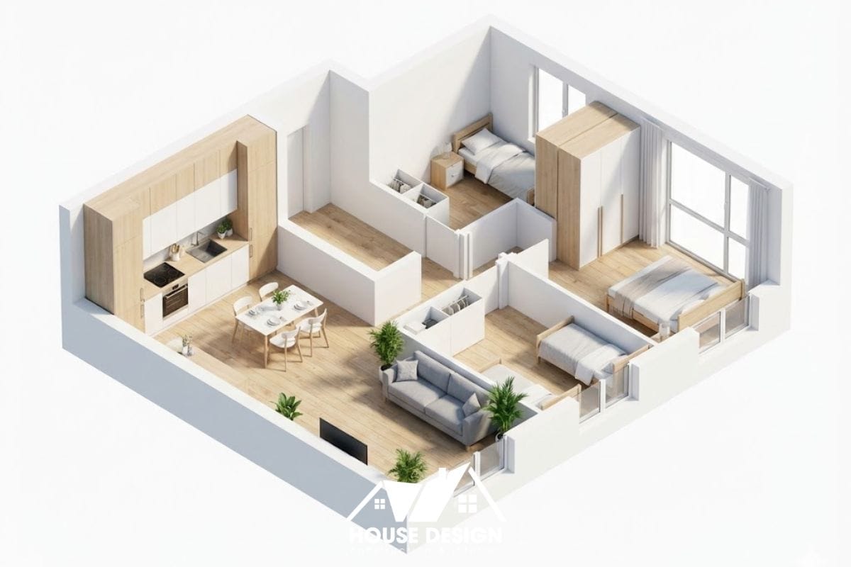 sơ đồ nội thất căn hộ 60m2 phong cách scandinavian tông trắng gỗ