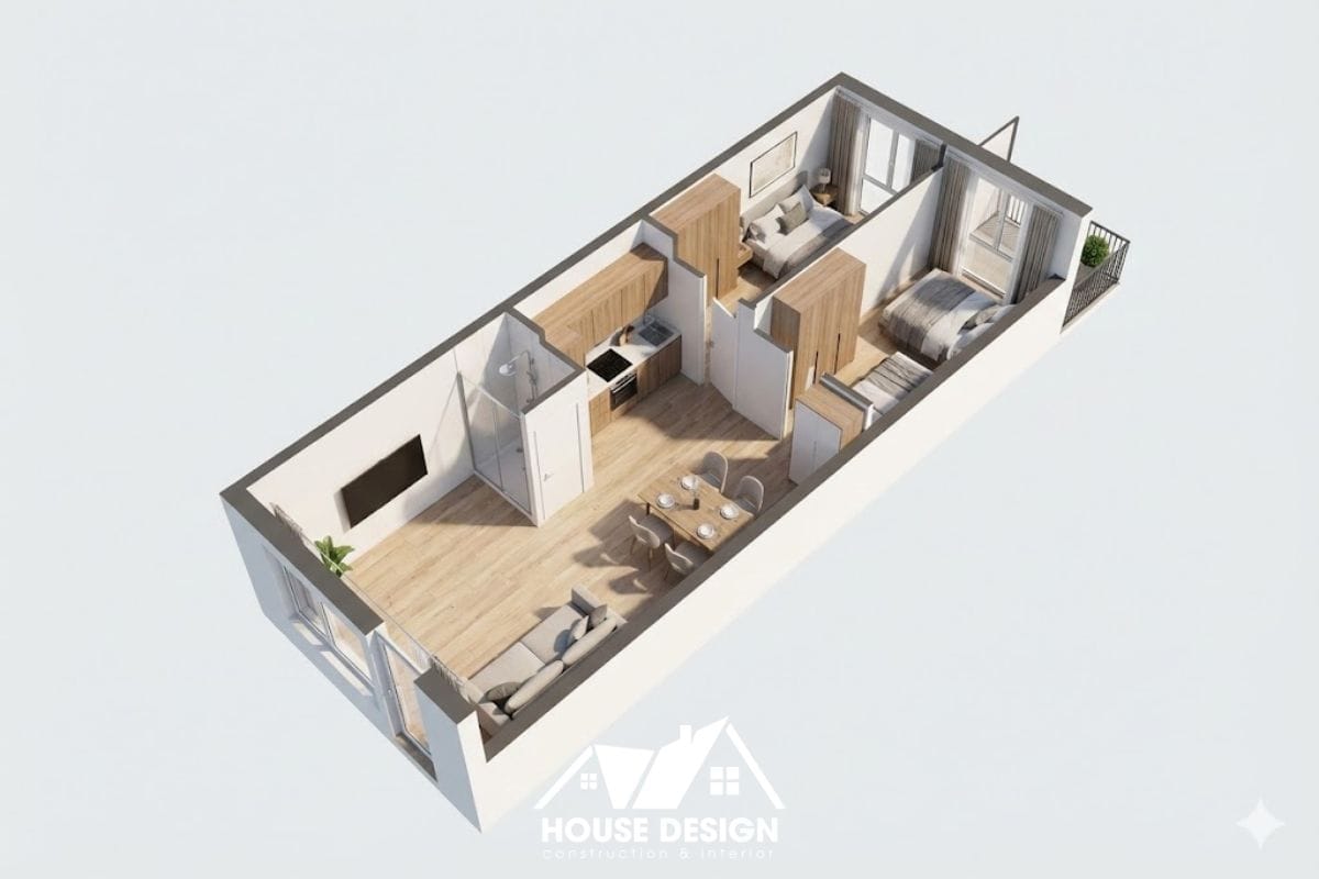 thiết kế 3d căn hộ dạng ống dài với 3 phòng ngủ cuối nhà