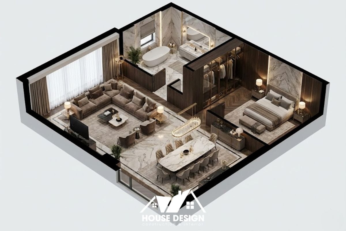 Sơ đồ 3D căn hộ 80m2 không gian mở sang trọng liên thông khách bếp.