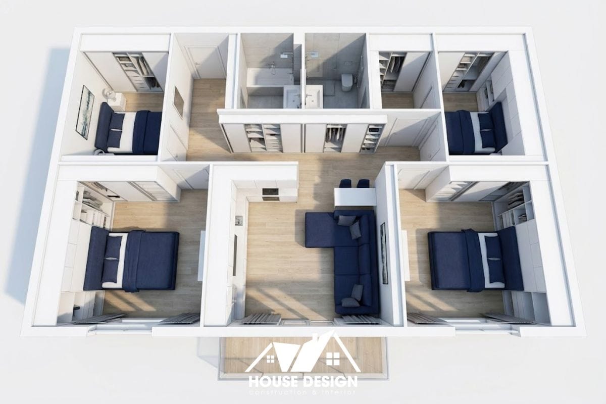 bản vẽ 3d thể hiện hệ thống tủ lưu trữ âm tường thông minh trong căn hộ 90m2