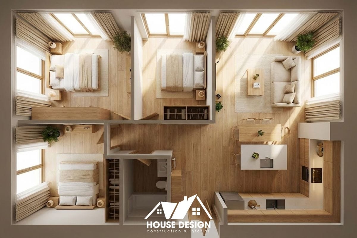 Sơ đồ bố trí nội thất căn hộ 80m2 phong cách Japandi nhiều cửa sổ thoáng.