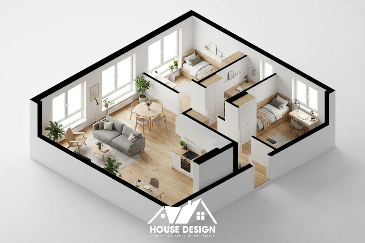 Sơ đồ bố trí nội thất căn hộ 80m2 3 phòng ngủ phong cách Bắc Âu (Scandinavian).