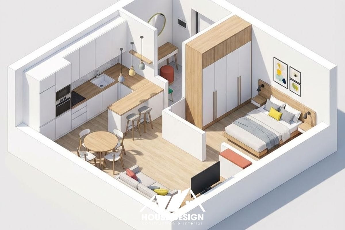 sơ đồ 3d căn hộ 50m2 thiết kế bếp mở có đảo bếp tiện nghi